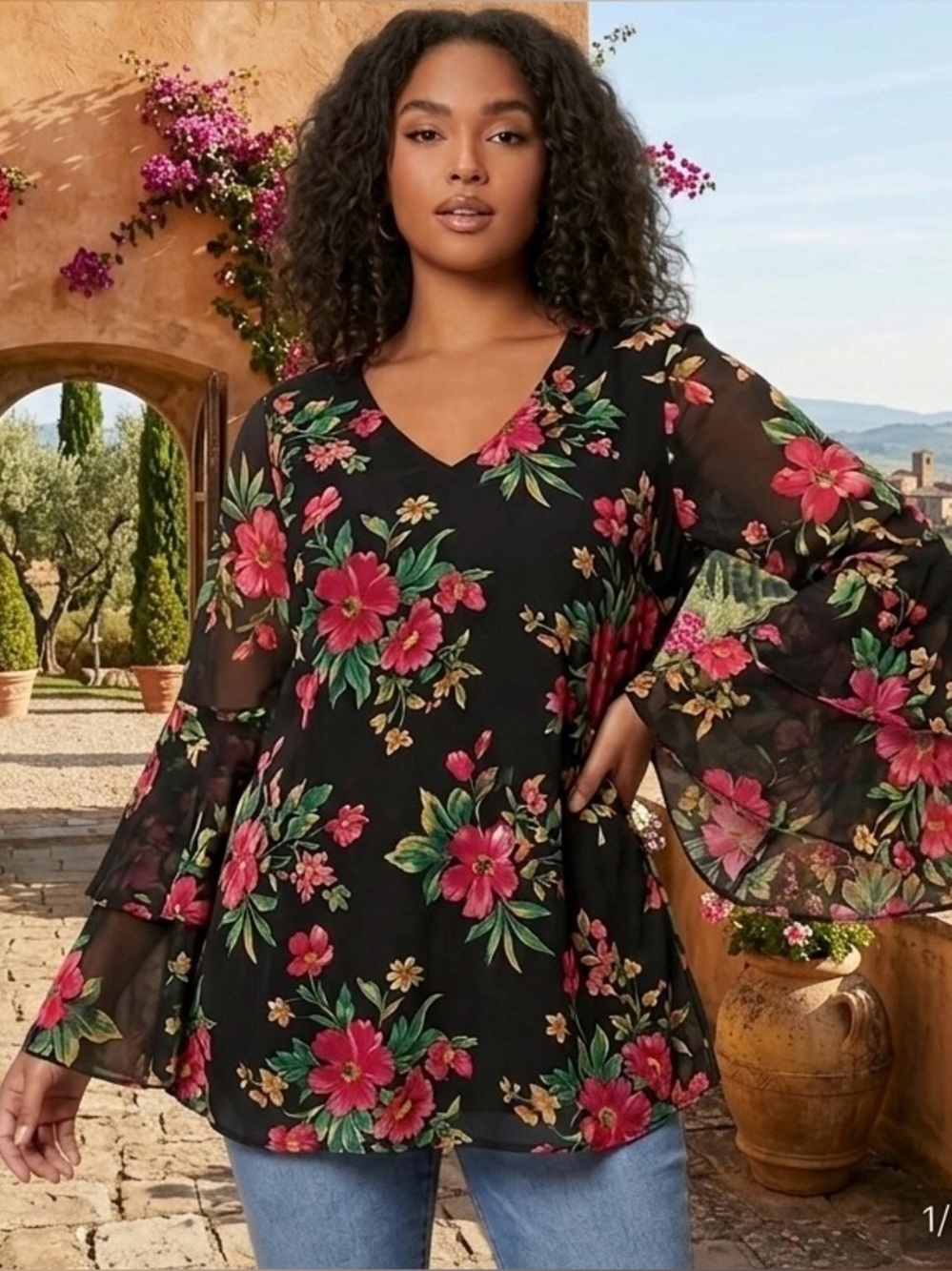MTS Floral Flare Sleeves Lined Blouse Size Med Retro Boho Red Green Pink Black